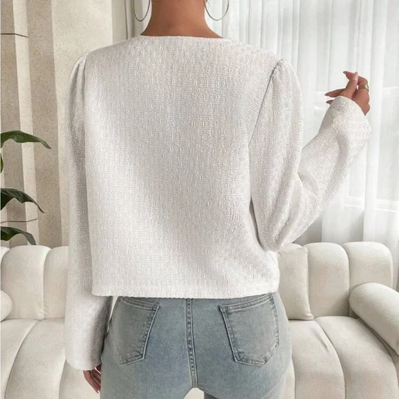 White button front cream ivory tweed jacket cardigan collarless blazer - Picture 4 of 4